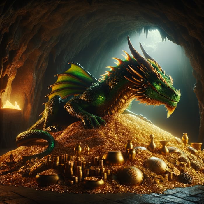 Shiny Green Dragon Protecting a Mountain of Gold in Cinematic Cave