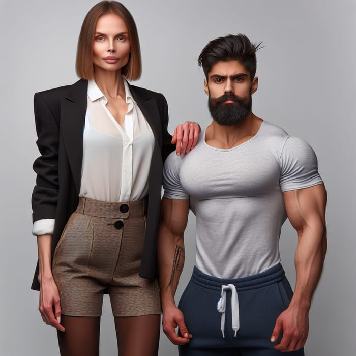 Strong Tall Woman in Shirt & Jacket with Weak Short Man in T-shirt & Shorts