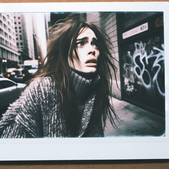 Overexposed Street Style Polaroid of Anxious Woman - Raw Style