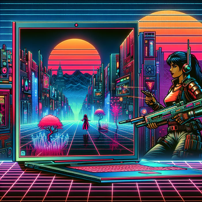 8-Bit Cyberpunk City: Bug Hunter and Futuristic Laptop