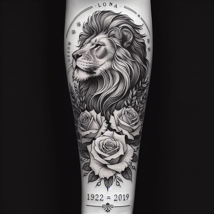 Minimalistic Lion Forearm Tattoo with Date and Roses