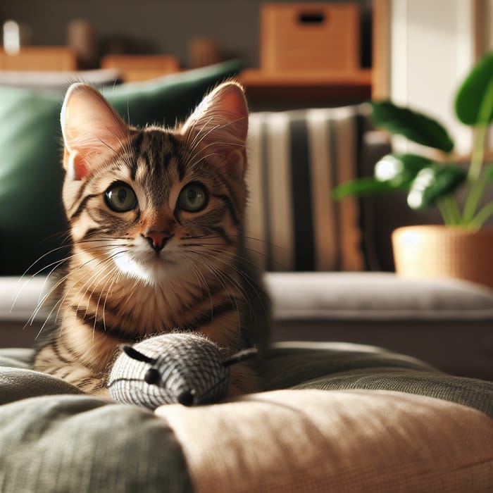 Striped Domestic Cat on Comfortable Cushion | Green Eyes