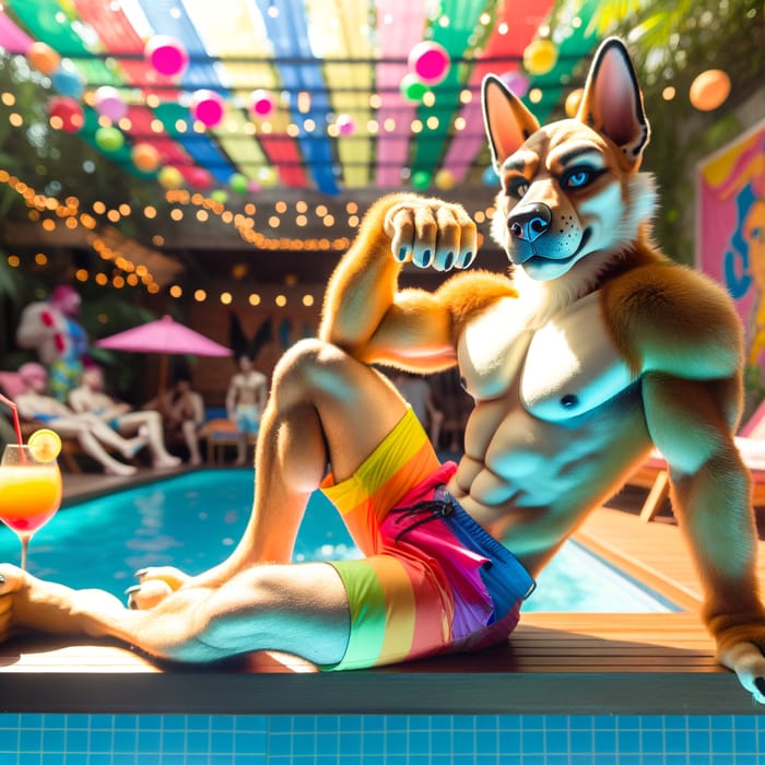 Male Dog Demi-Human Lounging by Pool in Vibrant Beach Shorts