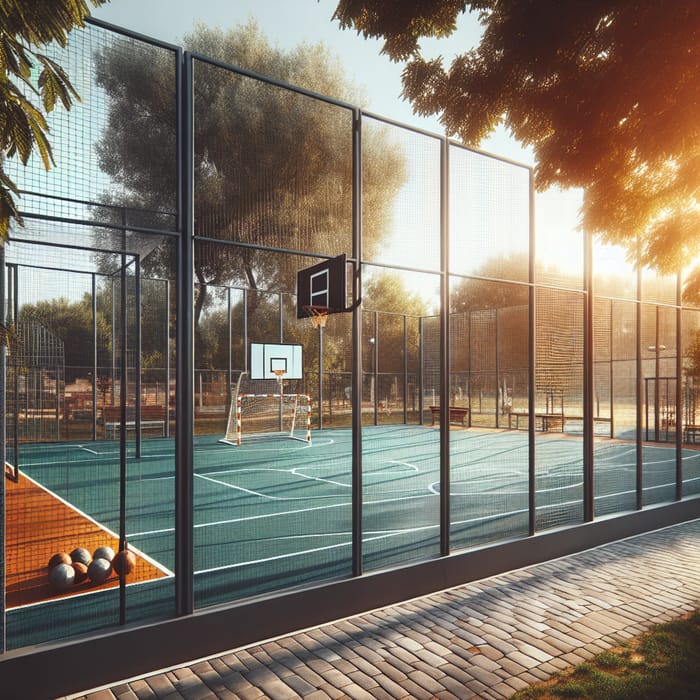 Outdoor Sports Court with High Netting amidst Summer Trees & Benches