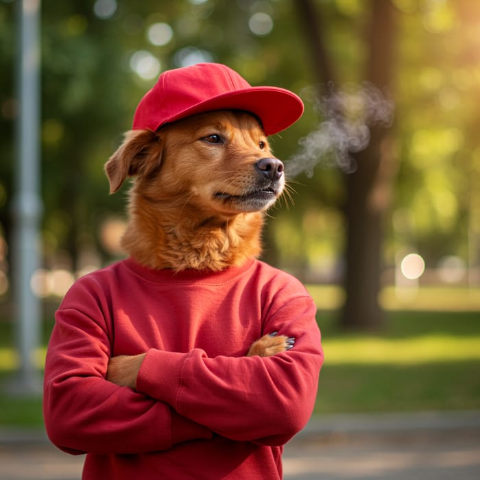 Red Dog Character in Hoodie and Cap