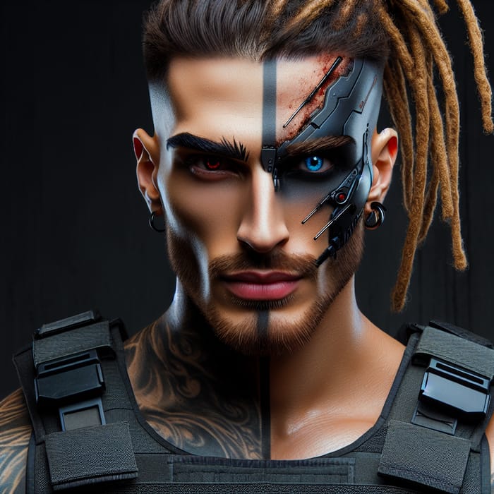 Muscular Man with Dreadlocks, Blue and Red Eyes, Wearing Gun Armor