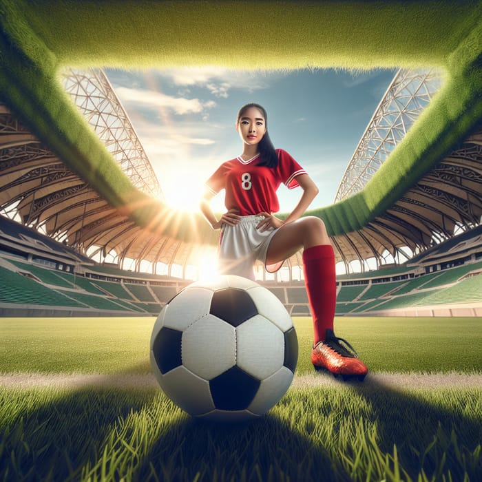 Vibrant Football Stadium with Player and Ball on Green Grass