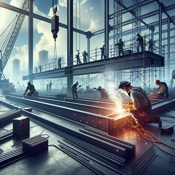 Steel Construction: Workers, Cranes, and Welding Scenes