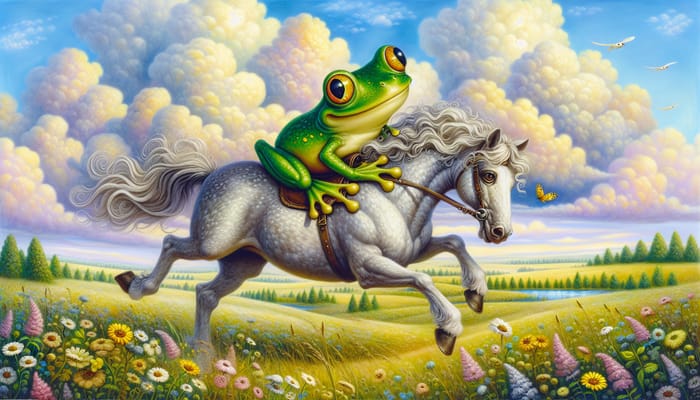 Whimsical Frog on Horse Ride - Fantasy Delight