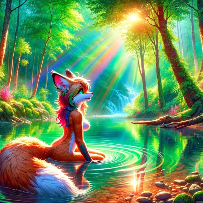 Vibrant Fox Girl Bathing in Enchanted Forest Lake