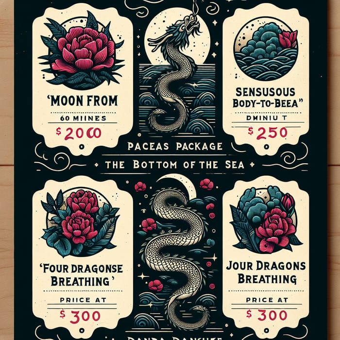 Visually Appealing Spa Package Menu - Moon, Sensuous B2B, Four Dragons, Japanese Nuru