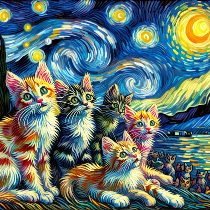 Playful Kittens in Van Gogh Style Starry Night | Artistic Paintings