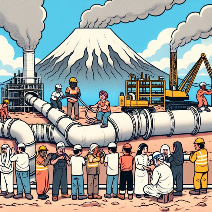 Simple Drawing of Workers Building Geothermal Power Plant Near Volcano