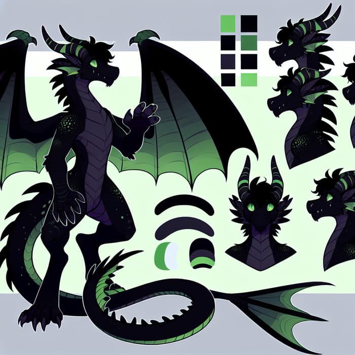 Black-Green Dragon Trans-Male Girl with Tail and Wings Reference Sheet