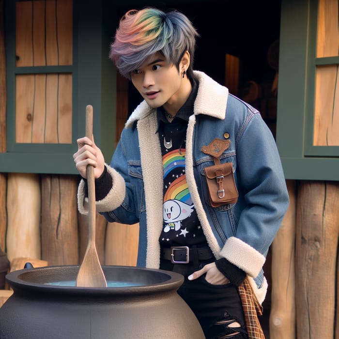 Cute South Asian Male Stirring Cauldron | Colorful Hair