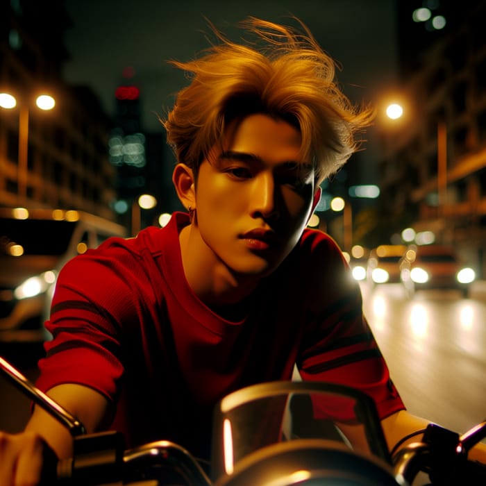 Kim Taehyung BTS Blonde Asian Male Pop Singer on Motorcycle at Night