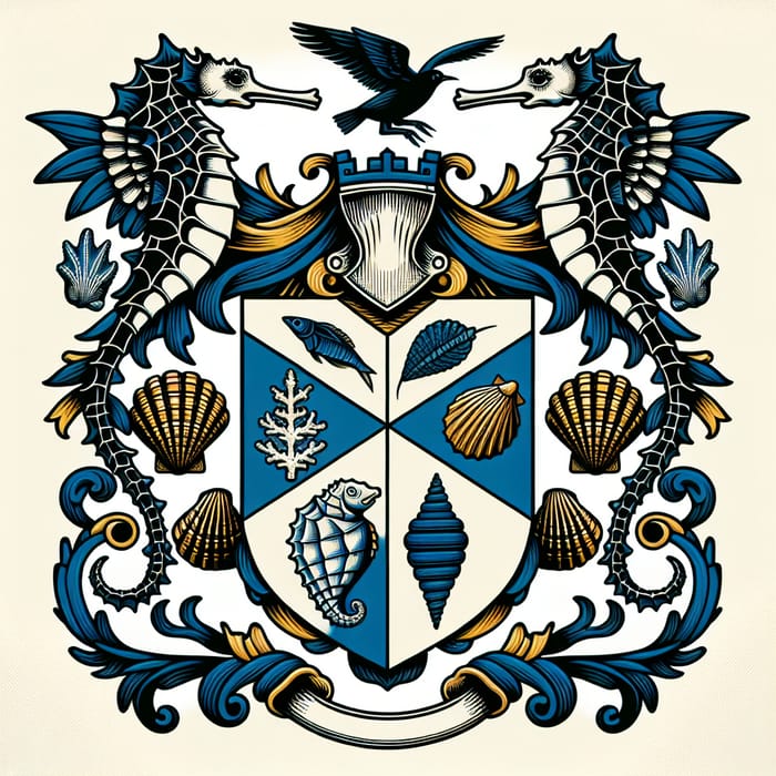 Sea Life Coat of Arms with Seahorse, Turtle, Bird & Shells