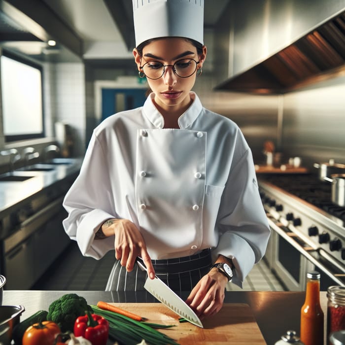 Hispanic Female Chef Cooking Fresh Vegetables in Modern Kitchen