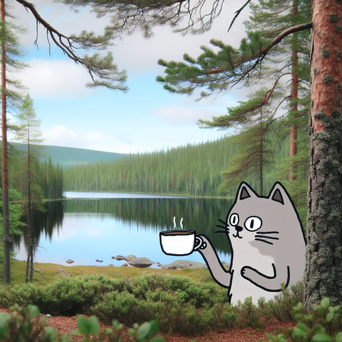 Cartoon Cat in Serene Karelian Nature - Pine Trees, Lake View Cartoon Cat in Serene Karelian Nature - Pine Trees, Lake View