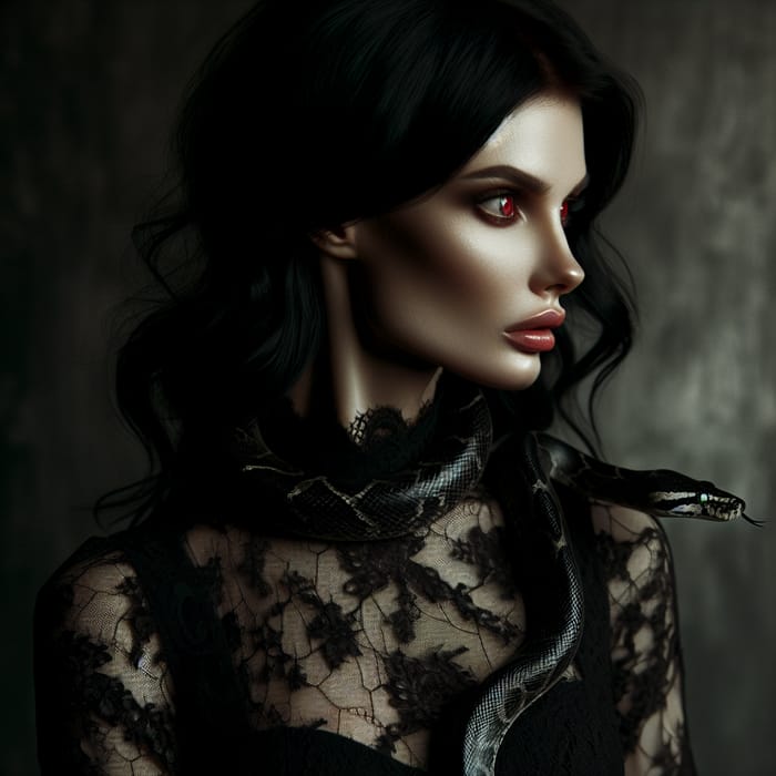 Ethereal Caucasian Woman in Black Lace Dress with Red Eyes