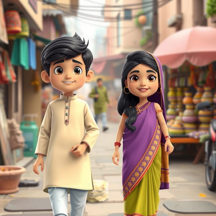 Young Indian Couple in Traditional Attire Cartoon