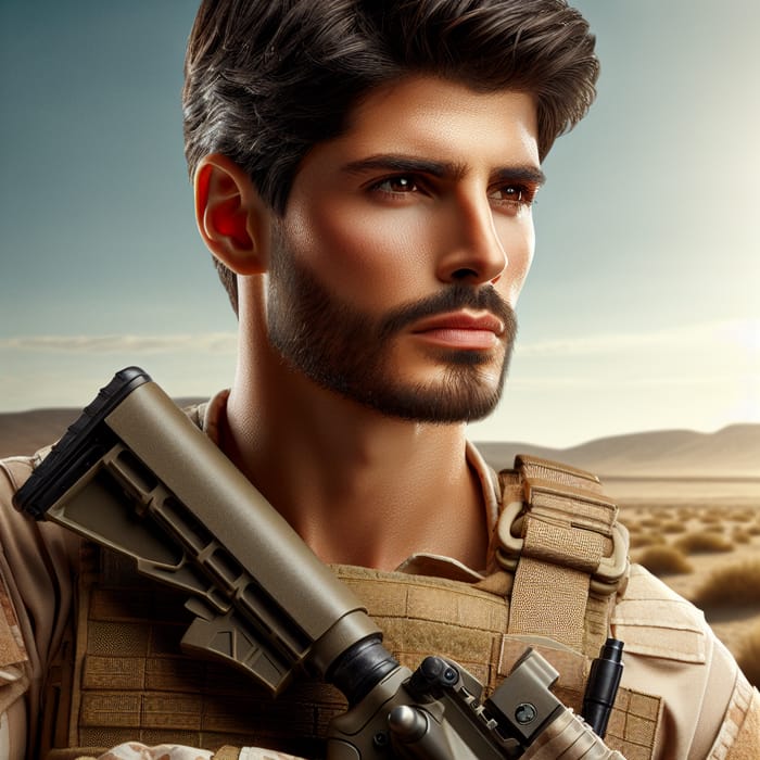 Middle-Eastern Soldier in Modern Combat Attire - Resolute Warrior in Desert