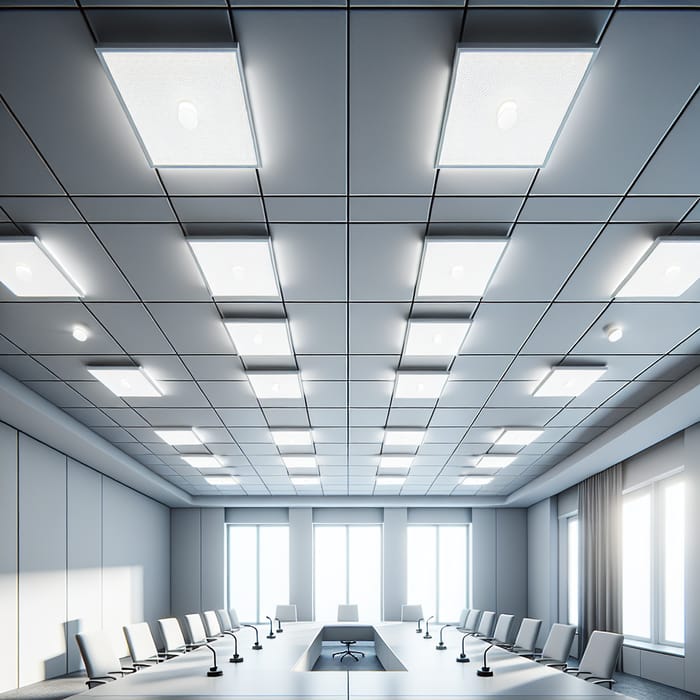 Office Meeting Room Ceiling with Matte White Tiles and Lamps - Modern Design