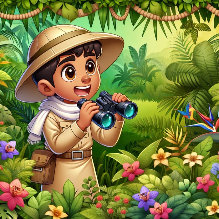 Young Explorer in Beige Shirt with Binoculars in Jungle Adventure