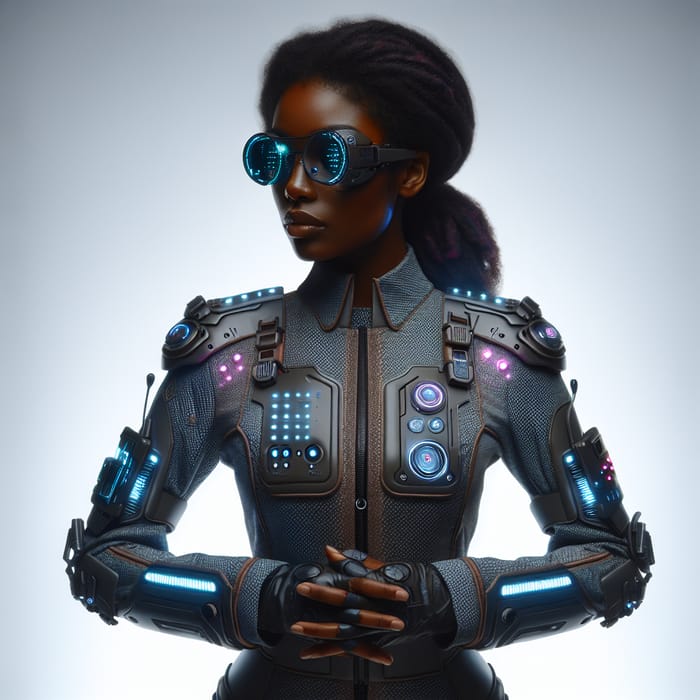 Futuristic Black Woman in Cyberpunk Scientist Outfit