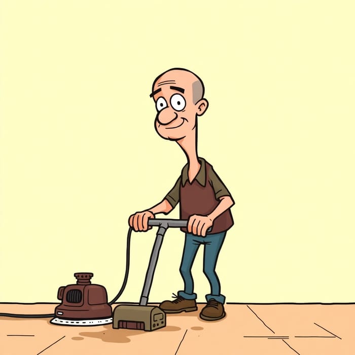 Comical Cartoon Character with Floor Sander