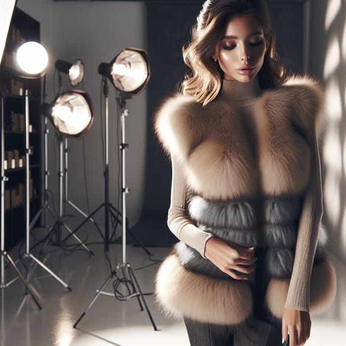 Sophisticated Woman in Luxurious Faux Fur Vest | Studio Portrait