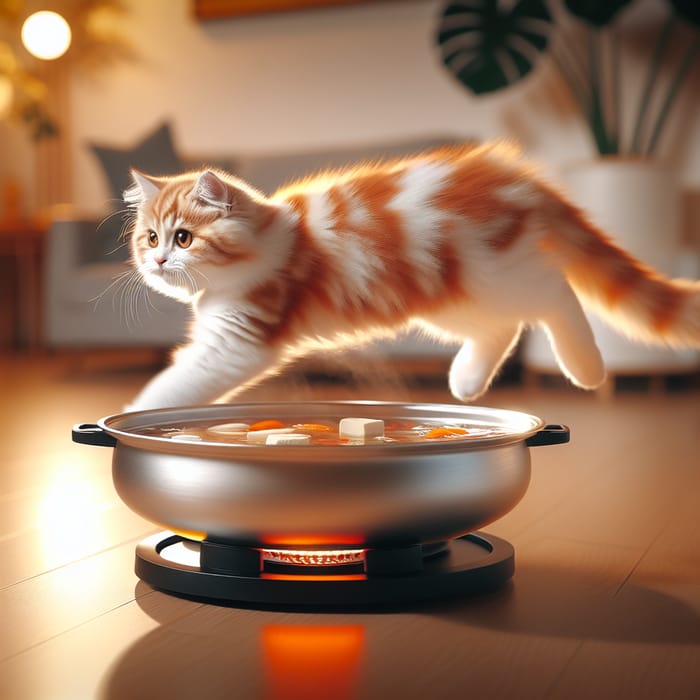 Playful White and Orange Cat Dodging Hot Pot