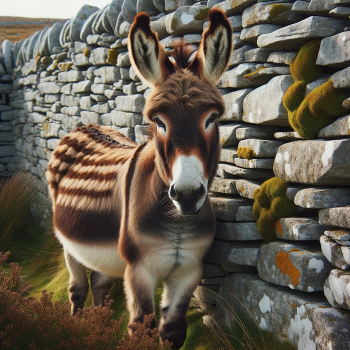 Brown Striped Donkey Standing by Stone Wall in Serene Wilderness Scene