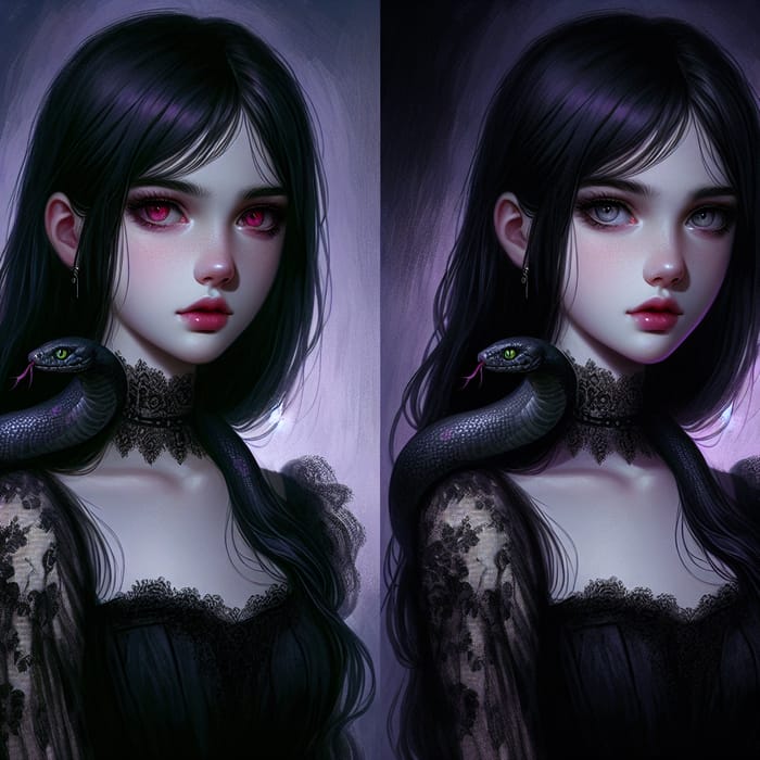 Mysterious Gothic Fantasy Art: Pale Girl with Black Hair and Red Eyes