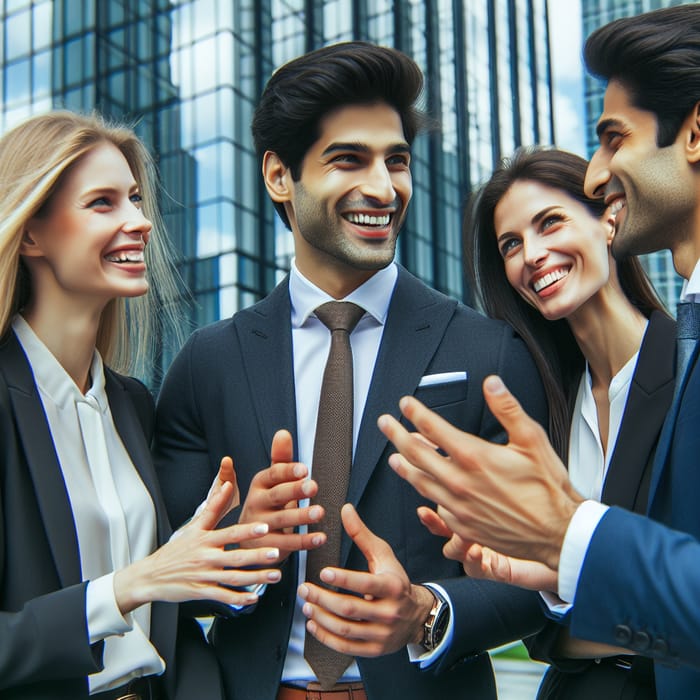 Professional Discussion Outside Modern Office Building