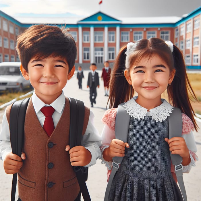 Kyrgyz Boy and Girl Walking to School - School