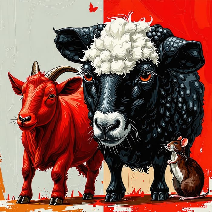 Unique Fusion of Black Sheep, Red Goat, and Mouse