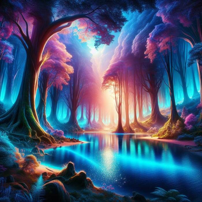 Enchanting Mystical Forest with Glowing Lake | Vibrant Fantasy Scene