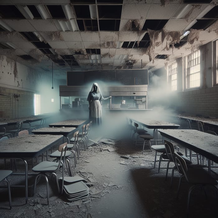 Eerie Abandoned School Cafeteria with Ghostly Lunch Lady Watching