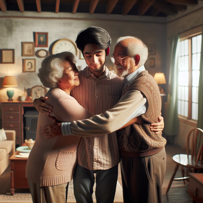 Heartwarming Family Hug in Multicultural Cozy Home