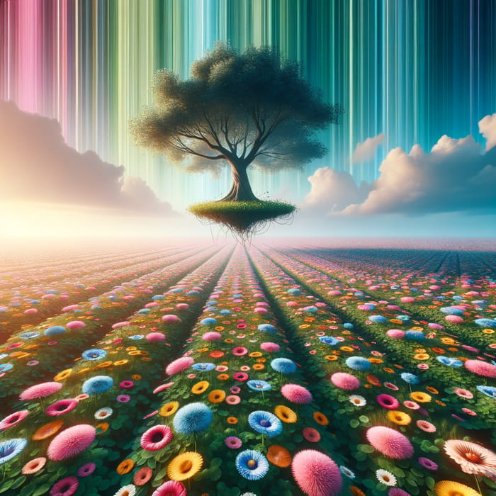 Surreal Floating Tree in Colorful Flower Field