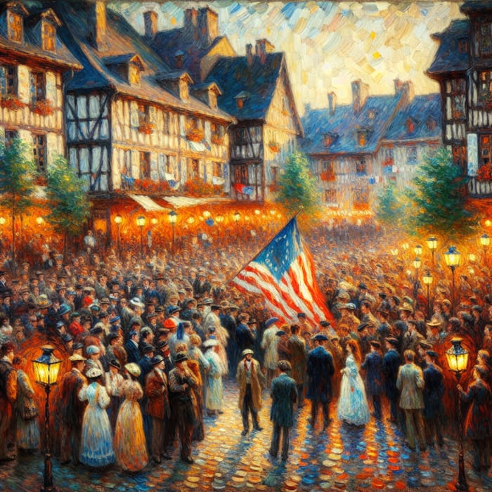 Impressionist Patriotism: A Vivid Town Square Scene