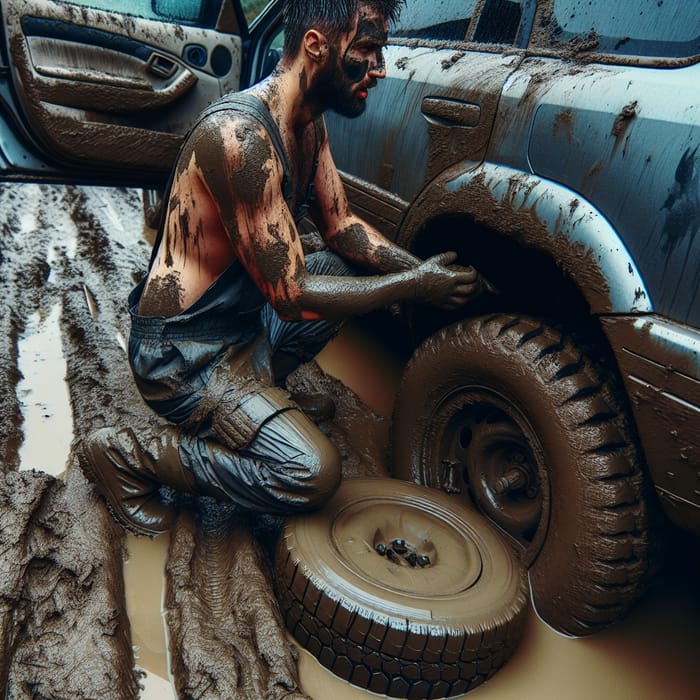 Mud-Covered Man Changing a Flat Tire