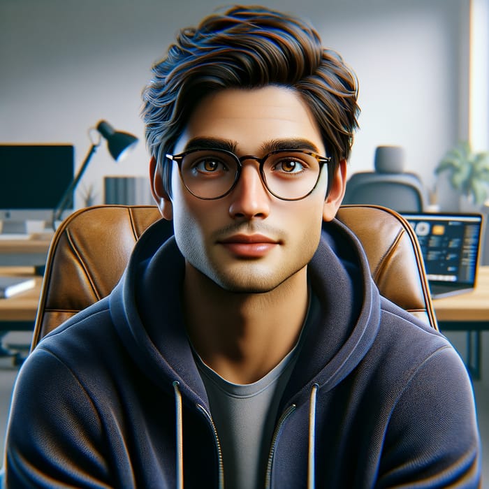 Young South Asian Man in Stylish Office Setting with Eyeglasses and Laptop