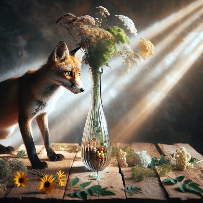 Crafty Fox Peeking into Tall Narrow Vase | Wildflower Scene