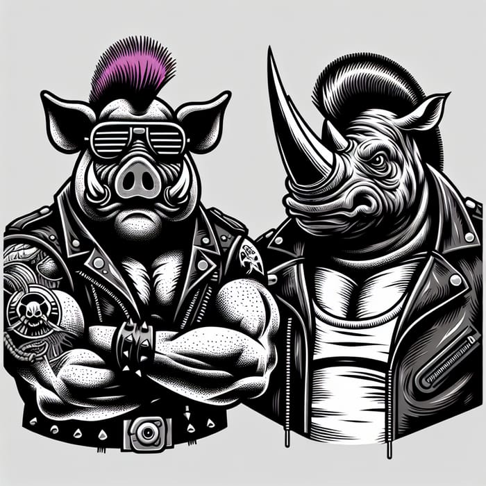 Boar Bebop & Rhinoceros Rocksteady TMNT Tattoo in Black & White Graphic Style