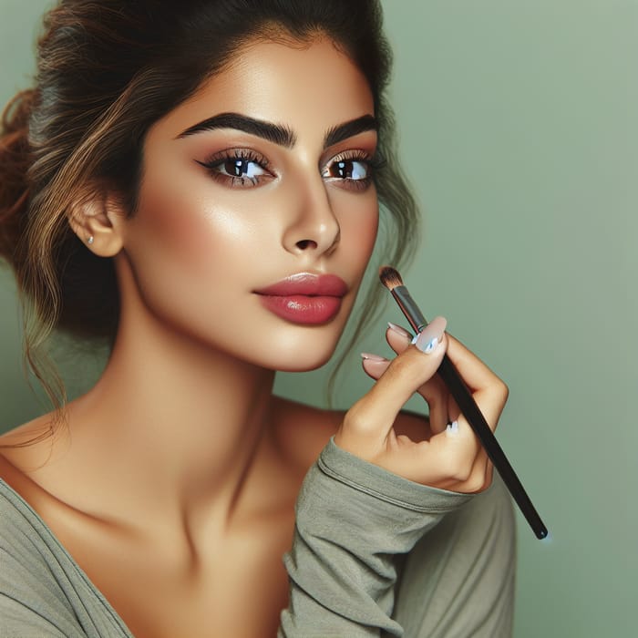 Beautiful Woman Applying Makeup on Soft Green Background