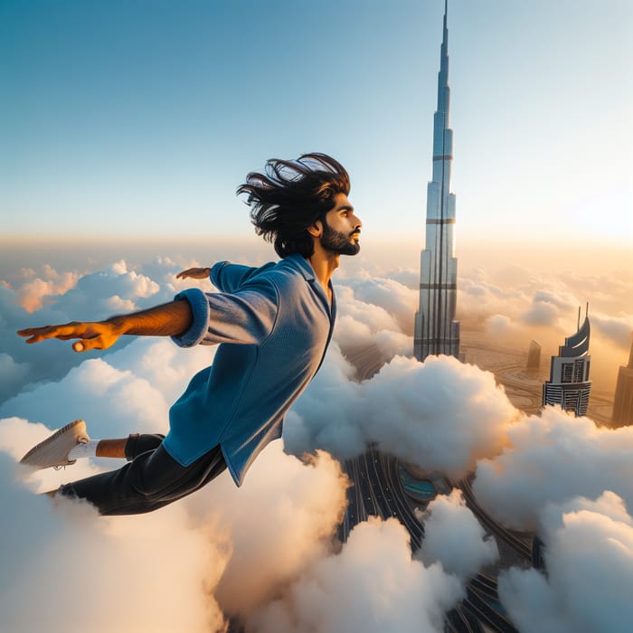 Man Soaring Above Clouds Next to Burj Khalifa Dubai