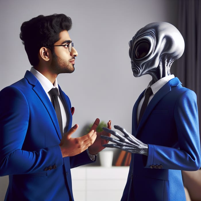 Interstellar Dialogue: Man in Royal Blue Suit Converse with Human-Like Alien