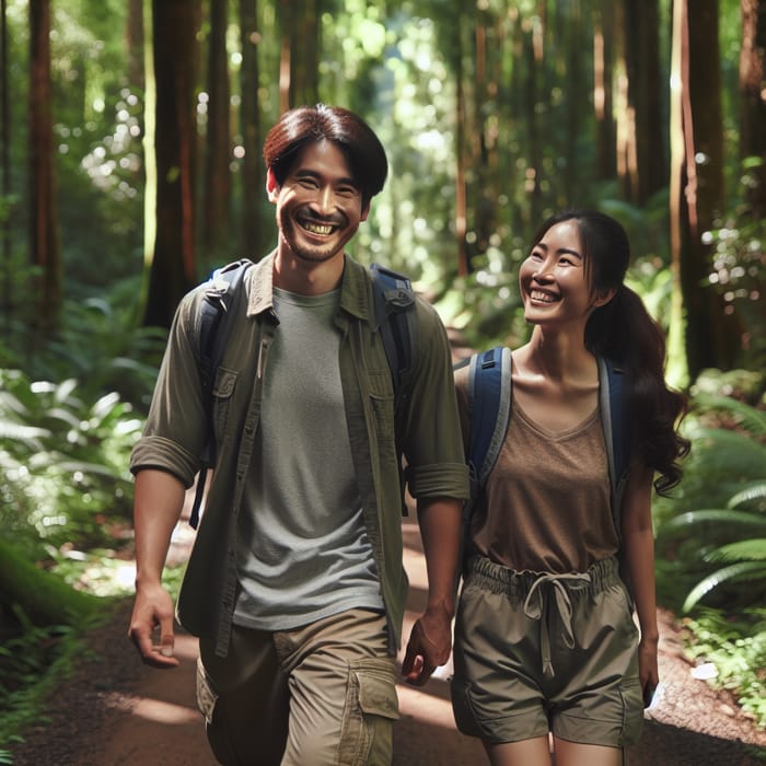 Happy Couple Walking on a Wooded Path - Long Journey